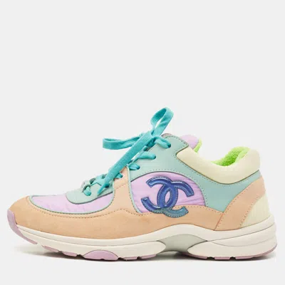 Pre-owned Chanel Multicolor Nylon Leather And Suede Cc Low Top Sneakers Size 38.5