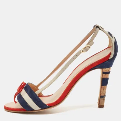 Pre-owned Chanel Multicolor Suede Cc Bow Cork Heel Ankle Strap Sandals Size 37