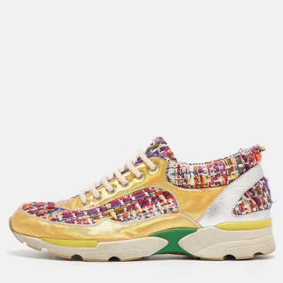 Pre-owned Chanel Multicolor Tweed And Leather Cc Low Top Sneakers Size 36