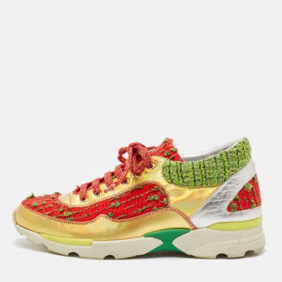 Pre-owned Chanel Multicolor Tweed And Leather Cc Low Top Sneakers Size 38