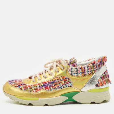 Pre-owned Chanel Multicolor Tweed And Leather Low Top Sneakers Size 38