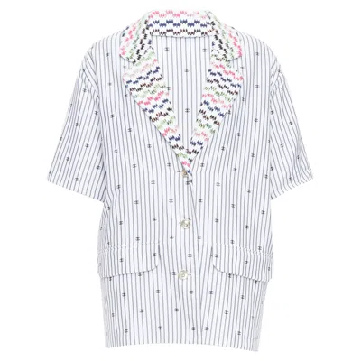 Pre-owned Chanel Multicolor Tweed Cc Logo Stripe Short Sleeve Jacket In White