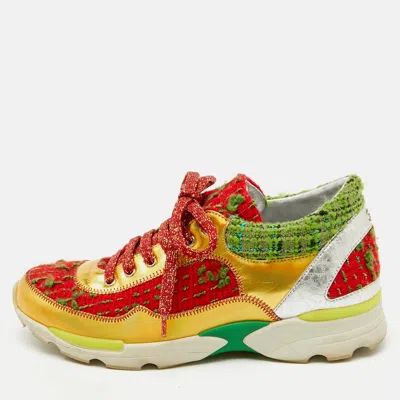 Pre-owned Chanel Multicolor Tweed Fabric And Leather Cc Lace Up Sneakers Size 37