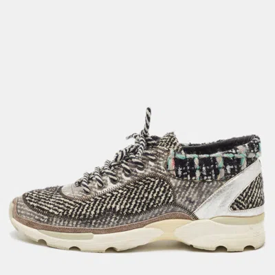 Pre-owned Chanel Multicolor Tweed Fabric And Leather Cc Lace Up Sneakers Size 38.5