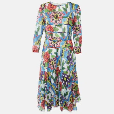 Pre-owned Chanel Multicolour Floral Print Cotton Flared Midi Dress M In Multicolor