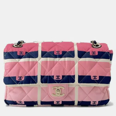Pre-owned Chanel Multicolour Quilted Motif Printed Nylon Medium Cc Flap Bag In Multicolor