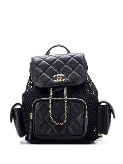 Pre-owned Chanel Multipocket Drawstring Mesh With Quilted Lambskin Small Backpack In Black