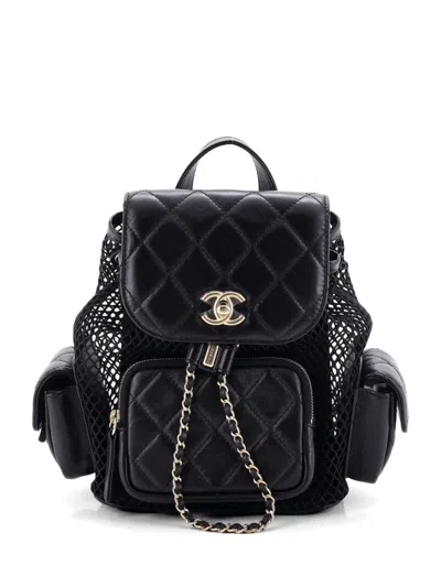Pre-owned Chanel Multipocket Drawstring Mesh With Quilted Lambskin Small Backpack In Black