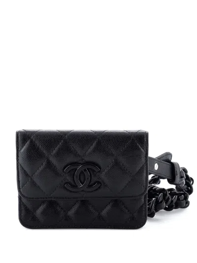 Pre-owned Chanel My Everything Flap Card Holder Quilted Caviar Belt Bag In Black