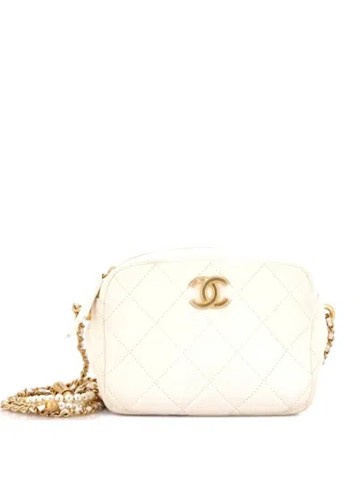 Pre-owned Chanel My Perfect Adjustable Chain Camera Bag Quilted Lambskin With Pearls Small Crossbody Bag In White
