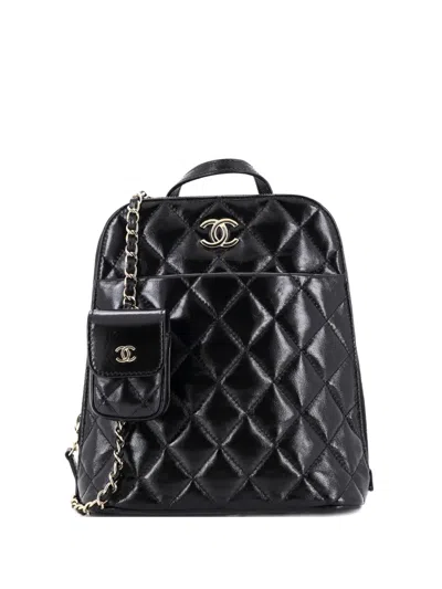 Pre-owned Chanel My Pocket Quilted Shiny Calfskin Backpack In Black