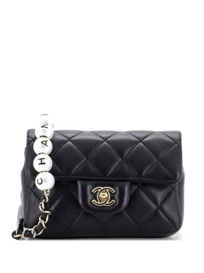 Pre-owned Chanel My Precious Pearls Waist Bag Quilted Lambskin Mini Belt Bag In Black
