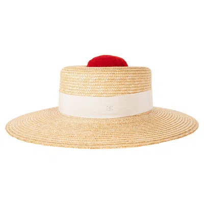 Pre-owned Chanel Natural 19c La Pausa Pompom Straw Boater Hat M In Orange
