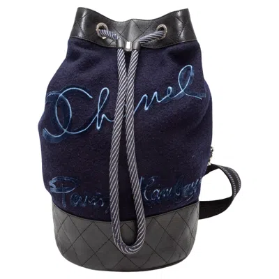 Pre-owned Chanel Navy & Black  Wool & Calfskin Paris Hamburg Bucket Backpack In Blue