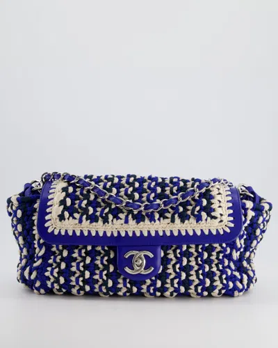 Pre-owned Chanel Navy, And Cream Crochet Flap Bag With Silver Hardware In Blue