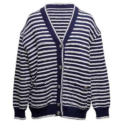 Pre-owned Chanel Navy & White  Striped Cotton Cardigan Size Fr 48