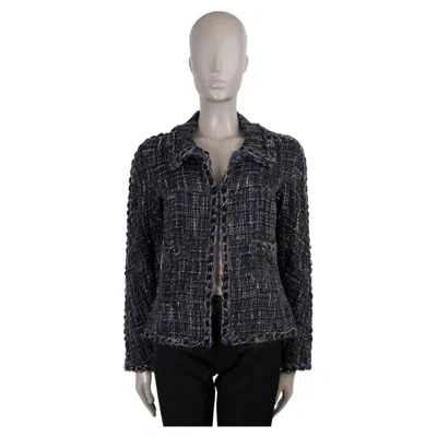 Pre-owned Chanel Navy Black Brown Wool 11k Braid Trim Tweed Jacket 40 M In Blue