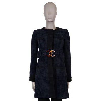 Pre-owned Chanel Navy Blue & Black Wool 17p Belted Houndstooth Tweed Coat Jacket 36 Xs