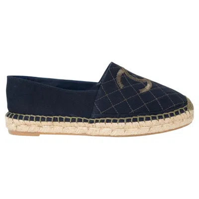 Pre-owned Chanel Navy Blue & Olive Green Canvas 20p Espadrilles Flats Shoes 39 Fit 38.5