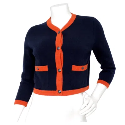 Pre-owned Chanel Navy Blue & Orange Cashmere Cardigan