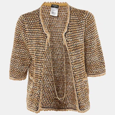 Pre-owned Chanel Navy Blue /beige Tweed Chain Detail Open Front Cardigan L