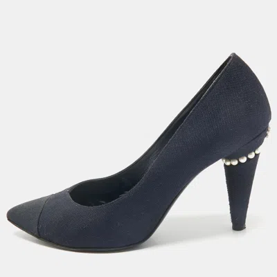 Pre-owned Chanel Navy Blue Canvas Embellished Pointed Toe Pumps Size 38