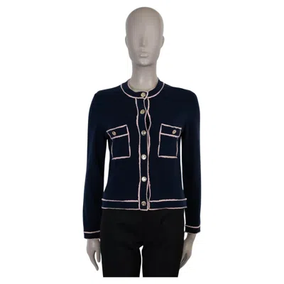 Pre-owned Chanel Navy Blue Cashmere 21s Contrast Trim Cardigan Sweater 38 S