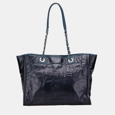 Pre-owned Chanel Navy Blue Small Glazed Calfskin And Caviar Deauville Tote