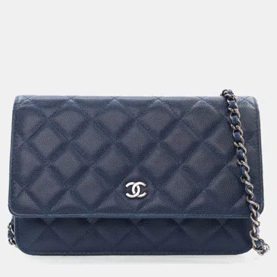 Pre-owned Chanel Navy Blue Caviar Wallet On Chain (woc)