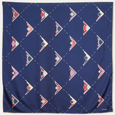 Pre-owned Chanel Navy Blue Cc Geometric Print Silk Scarf