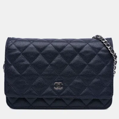 Pre-owned Chanel Navy Blue Cc Quilted Caviar Wallet On Chain
