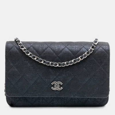 Pre-owned Chanel Navy Blue Cc Quilted Metallic Fabric Wallet On Chain
