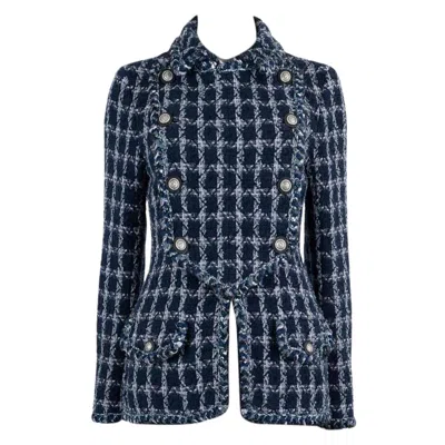 Pre-owned Chanel Navy Blue Cotton 2014 14a Dallas Double Breasted Tweed Jacket 38 S