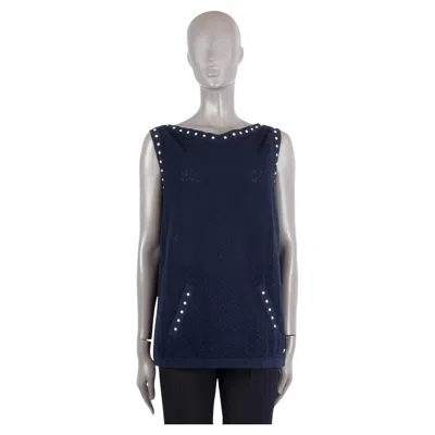 Pre-owned Chanel Navy Blue Cotton 2016 Pearl Studded Knit Shirt 40 M