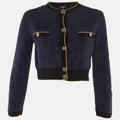 Pre-owned Chanel Navy Blue Cotton Fleece Cropped Cardigan S