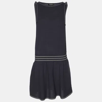 Pre-owned Chanel Navy Blue Cotton Knit Drawstring Mini Dress L