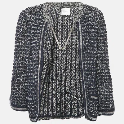 Pre-owned Chanel Navy Blue Crochet Knit Neck Chain Detail Cardigan S