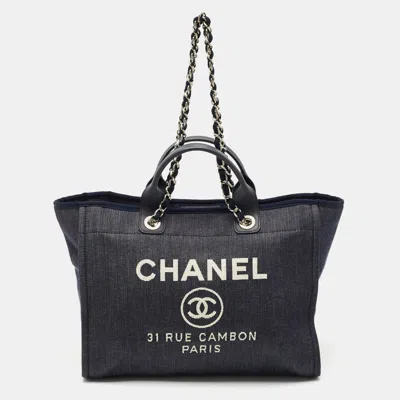 Pre-owned Chanel Navy Blue Denim Large Deauville Shopper Tote