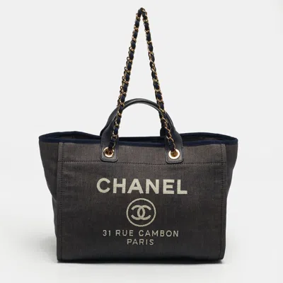 Pre-owned Chanel Navy Blue Denim Large Deauville Shopper Tote