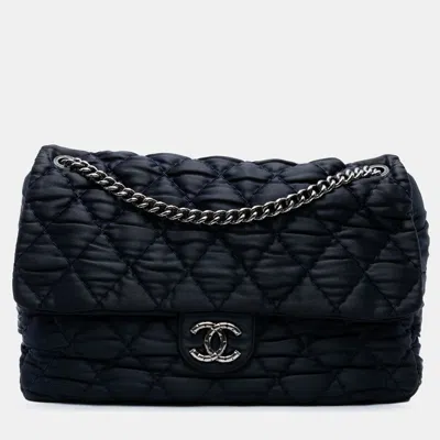 Pre-owned Chanel Navy Blue Extra Large Cc Quilted Satin Single Flap