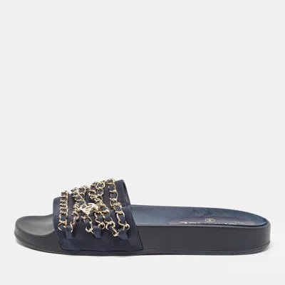 Pre-owned Chanel Navy Blue Fabric Tropiconic Slides Size 38