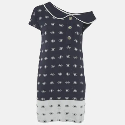 Pre-owned Chanel Navy Blue Floral Patterend Rib Knit Mini Dress S