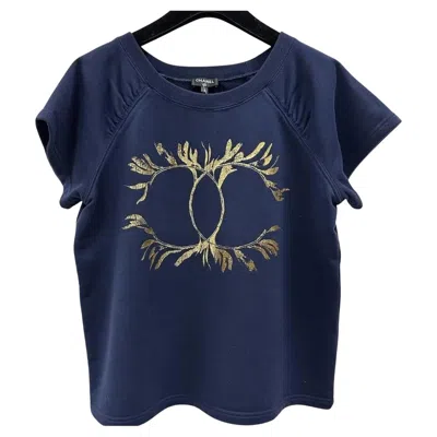 Pre-owned Chanel Navy Blue Grecian Goddess Cc Print Cotton T-shirt Sz.s