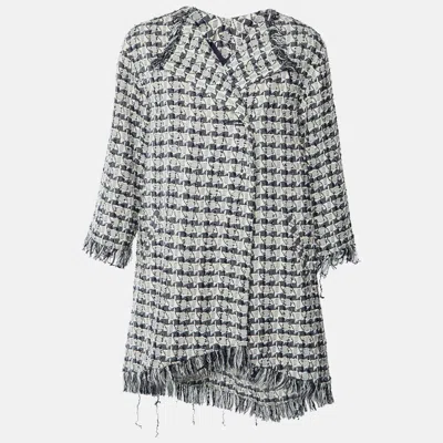 Pre-owned Chanel Navy Blue Houndstooth Tweed Fringe Oversized Coat M