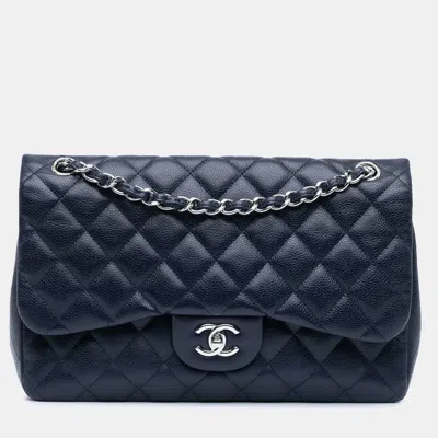 Pre-owned Chanel Navy Blue Jumbo Classic Caviar Double Flap