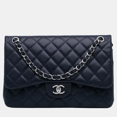 Pre-owned Chanel Navy Blue Jumbo Classic Caviar Double Flap