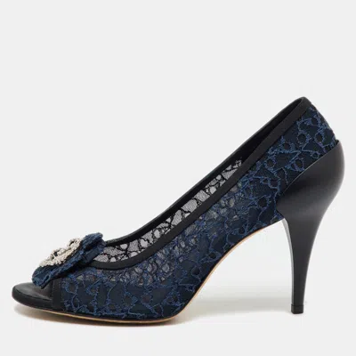 Pre-owned Chanel Navy Blue Lace Cc Camellia Crystal Embellished Open Toe Pumps Size 39