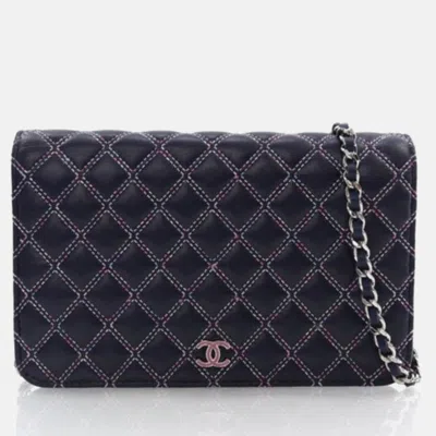 Pre-owned Chanel Navy Blue Lambskin Wallet On Chain (woc)