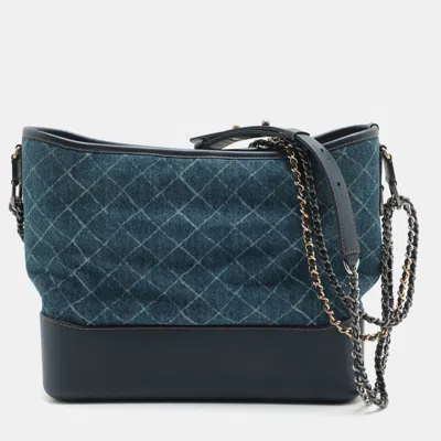 Pre-owned Chanel Navy Blue Large Printed Denim And Calfskin Gabrielle Hobo