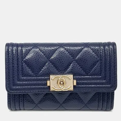 Pre-owned Chanel Navy Blue Leather Caviar Boy Card Holder